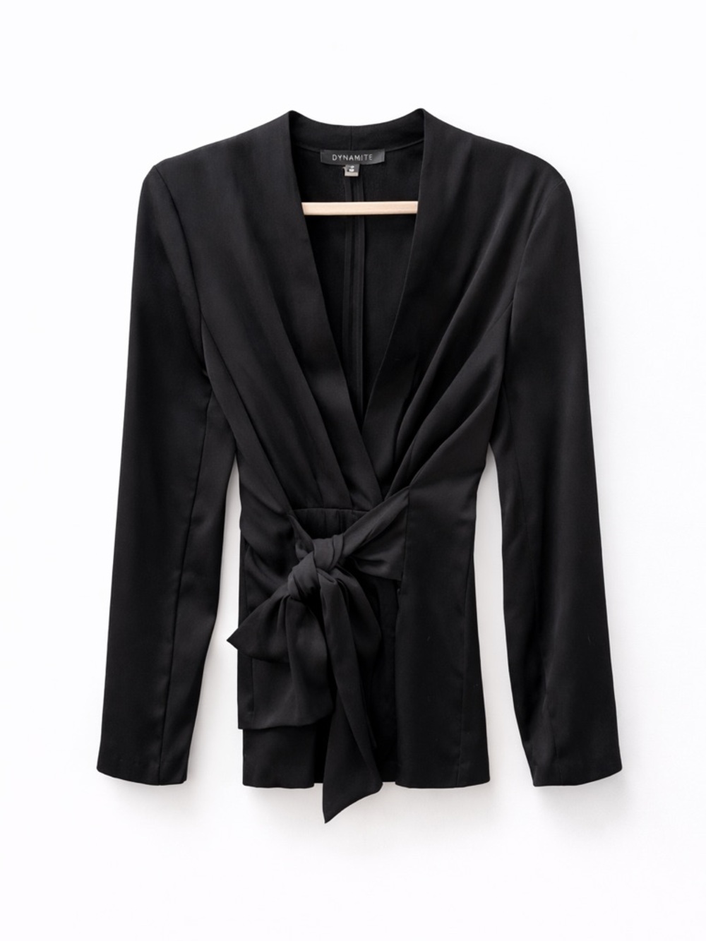 Dynamite Black Satin Wrap Blouse with Side Tie